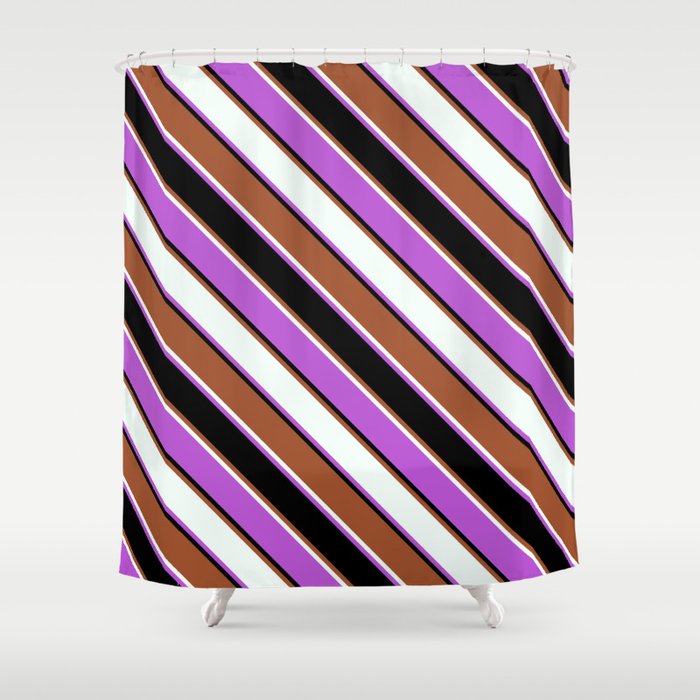 Sienna, Mint Cream, Orchid & Black Colored Pattern of Stripes Shower Curtain