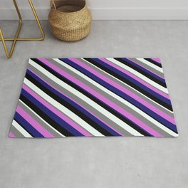[ Thumbnail: Eye-catching Gray, Orchid, Midnight Blue, Black, and Mint Cream Colored Stripes/Lines Pattern Rug ]