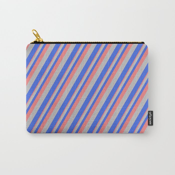 Light Coral, Grey, and Royal Blue Colored Striped/Lined Pattern Carry-All Pouch