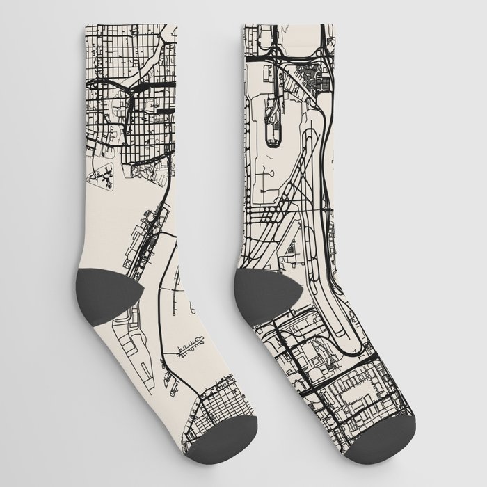 USA, Miami - City Map - Black and White Aesthetic Socks