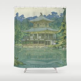 Hiroshi Yoshida, The Golden Pavilion, Kinkakuji Temple, Kyoto - Vintage Japanese Woodblock Print Art Shower Curtain