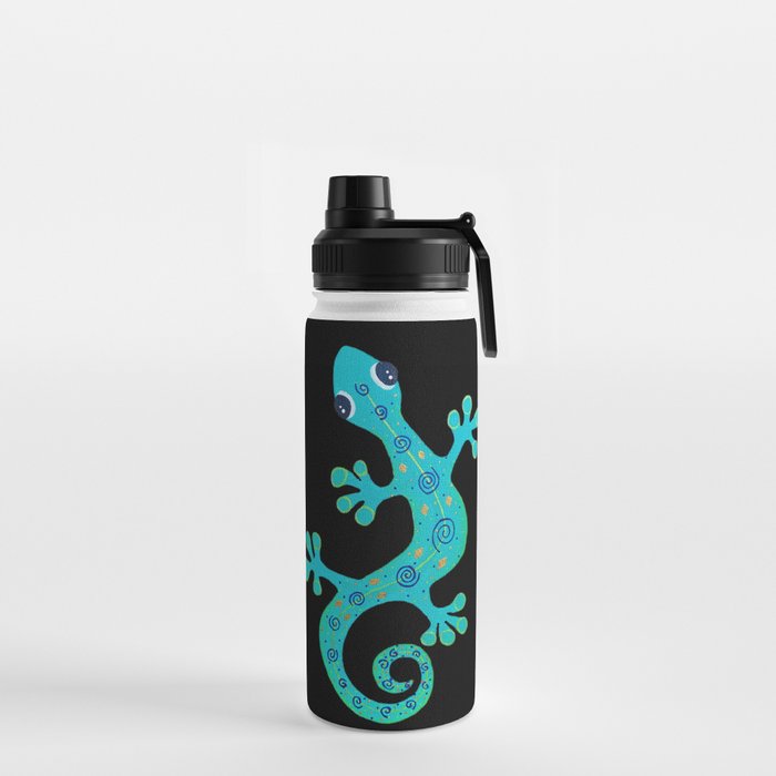 Teal Gecko ~ black background Water Bottle