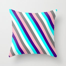 [ Thumbnail: Colorful Indigo, Cyan, Mint Cream, Grey, and Light Pink Colored Lined/Striped Pattern Throw Pillow ]