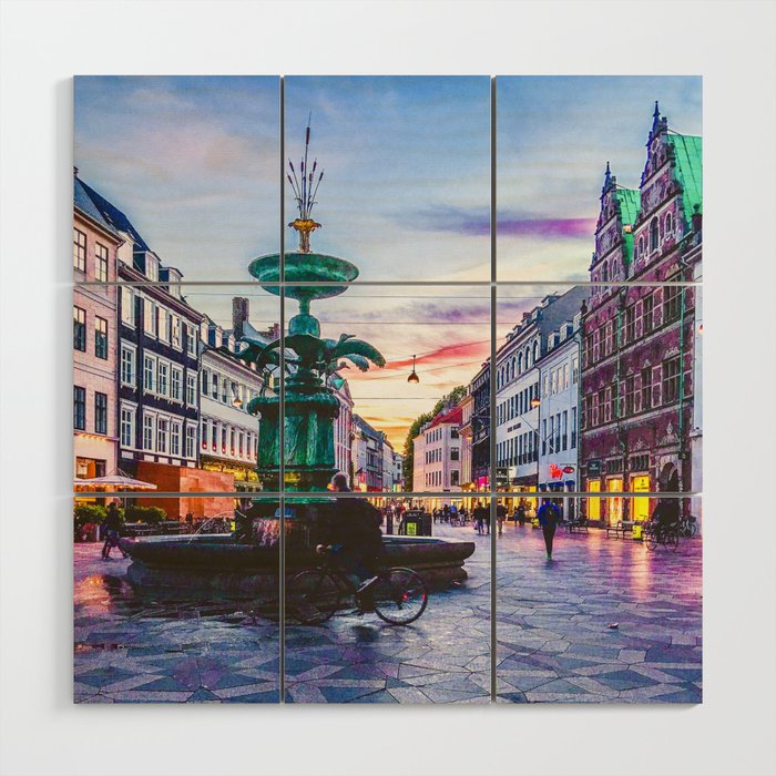 Photograph of a Warm Summer's Sunset over Copenhagen's Strøget Shopping Street Wood Wall Art