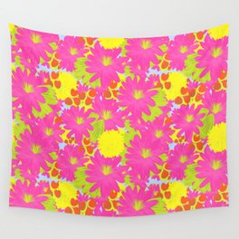 Retro Modern Maximalist Tropical Flowers On Sky Blue Wall Tapestry