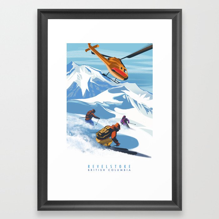 Retro Travel Heliski ski Revelstoke poster Framed Art Print