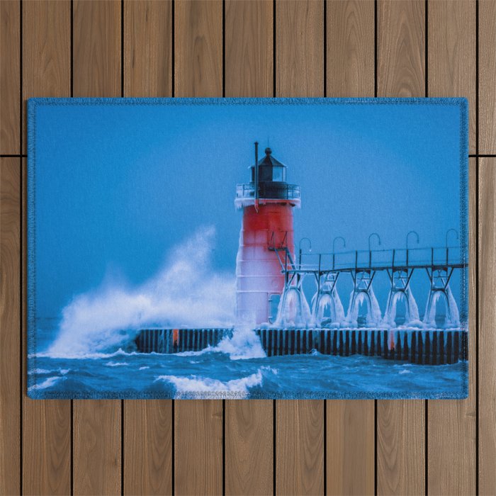 Waves Crash at South Haven Lighthouse Outdoor Rug