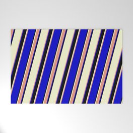 [ Thumbnail: Light Yellow, Dark Salmon, Blue, and Black Colored Striped/Lined Pattern Welcome Mat ]