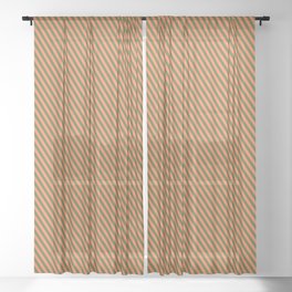 [ Thumbnail: Coral & Dark Olive Green Colored Lined Pattern Sheer Curtain ]