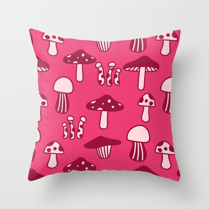 Marvelous Mushroom and Fungi Pattern (red/pink) Throw Pillow