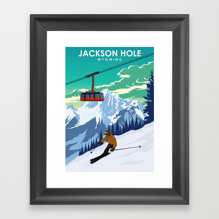 Jackson Hole Wyoming Ski Retro Travel Poster Framed Art Print