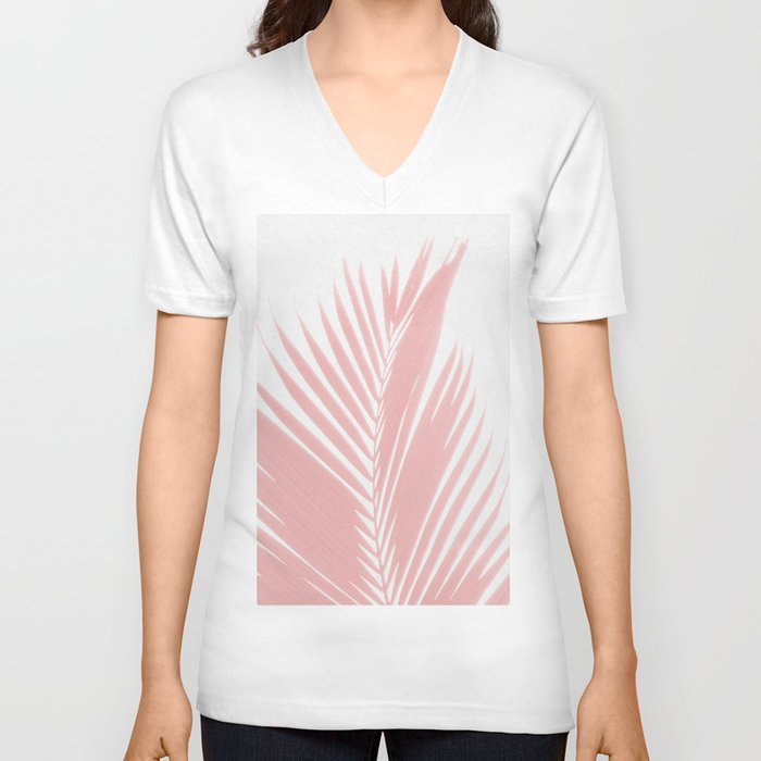 Pink Palm Leaves on White V Neck T Shirt