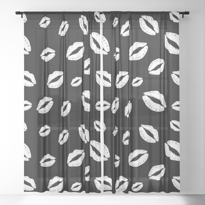 Lipstick kisses on black background. Digital Illustration background Sheer Curtain