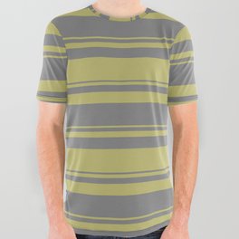 [ Thumbnail: Dark Khaki & Grey Colored Striped Pattern All Over Graphic Tee ]