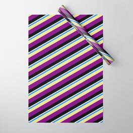 [ Thumbnail: Vibrant Blue, Tan, Purple, Black, and White Colored Pattern of Stripes Wrapping Paper ]