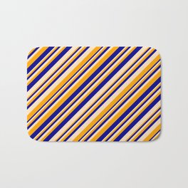 [ Thumbnail: Bisque, Orange, and Dark Blue Colored Stripes/Lines Pattern Bath Mat ]