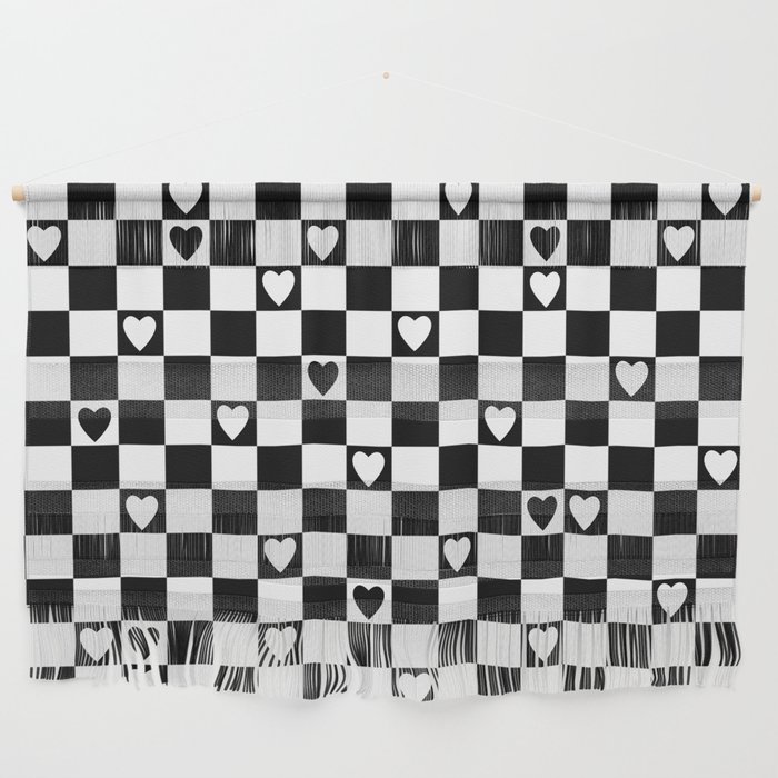 Checkered hearts black and white Wall Hanging