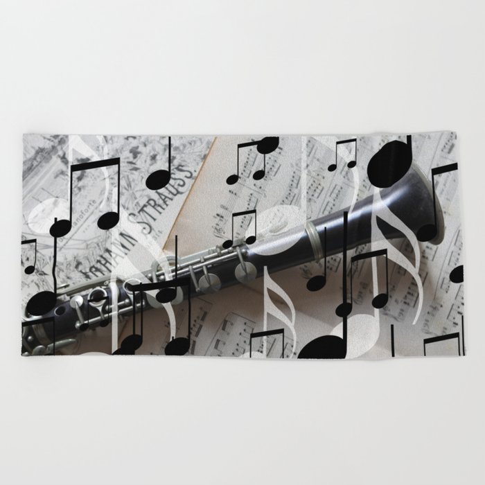 music notes white black clarinet Beach Towel