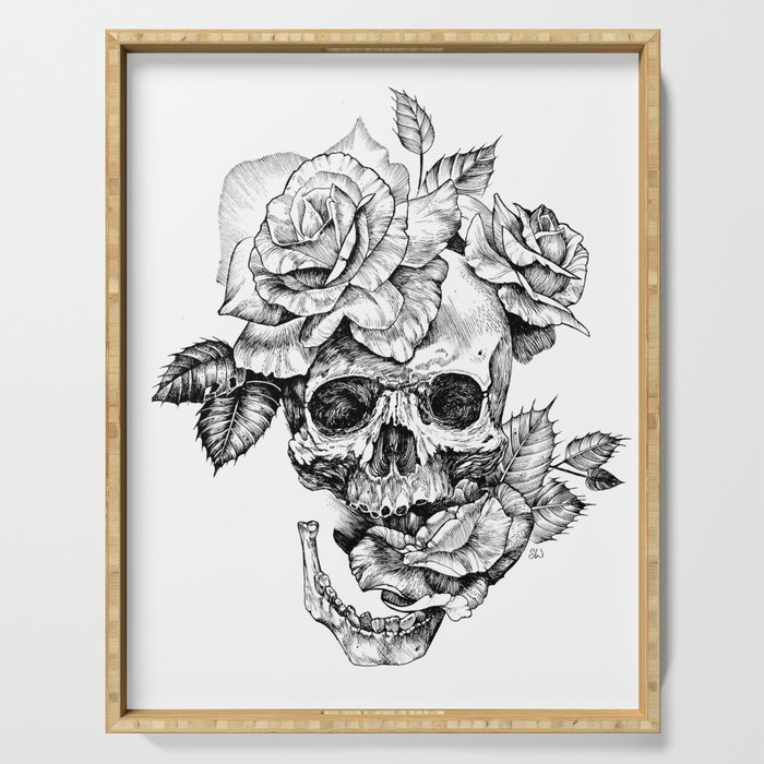 Black and White skull with roses pen drawing Serving Tray