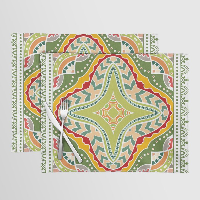 Decorative colorful background, geometric floral doodle pattern with ornate lace frame. Tribal ethnic mandala ornament. Bandanna shawl, tablecloth fabric print, silk neck scarf, kerchief design Placemat