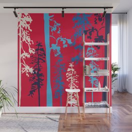 Woody - Blue Minimal Forest Art Design on Red Wall Mural