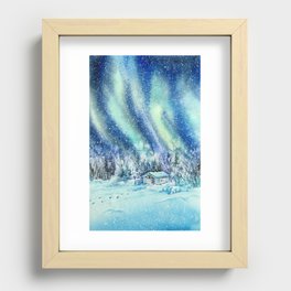 Magical Log Cabin Snowy Northern Lights Forest Landscape Recessed Framed Print