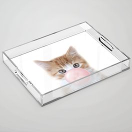 Baby Tabby Cat, Kitten Blowing Bubble Gum, Pink Nursery, Baby Animals Art Print by Synplus Acrylic Tray