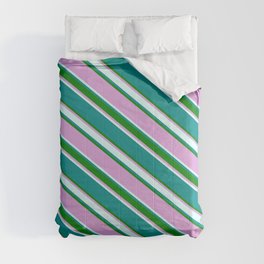 [ Thumbnail: Dark Cyan, Green, Plum & Light Cyan Colored Striped Pattern Comforter ]