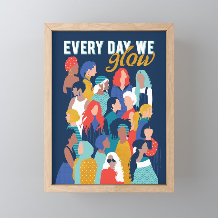 Every day we glow International Women's Day // midnight navy blue background teal, mint, electric blue neon orange red and gold humans  Framed Mini Art Print
