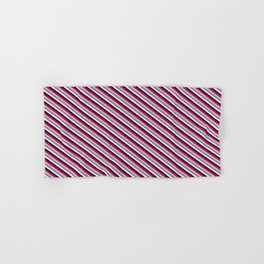 [ Thumbnail: Vibrant Red, Grey, Light Slate Gray, Beige & Dark Blue Colored Pattern of Stripes Hand & Bath Towel ]