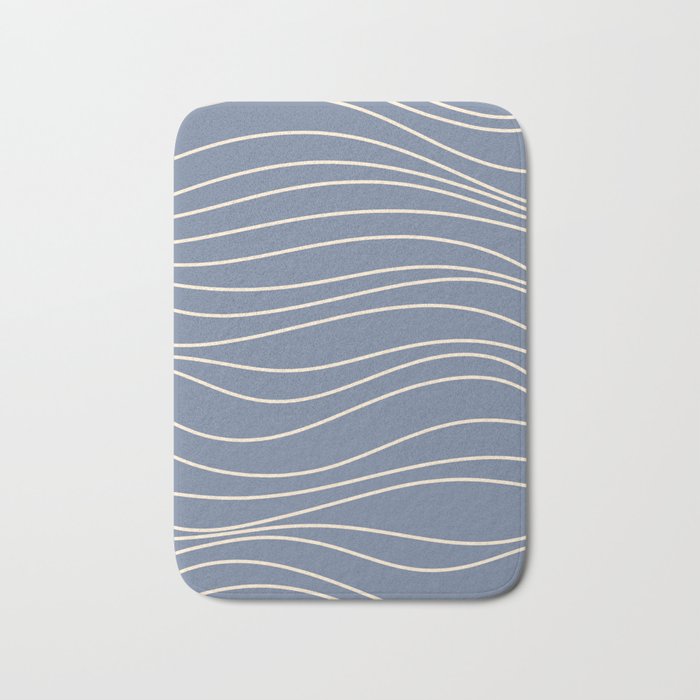 Line Waves Minimalist Abstract Pattern in Stone Blue and Cream Bath Mat