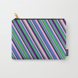 [ Thumbnail: Pink, Royal Blue, Lime Green, and Indigo Colored Lined/Striped Pattern Carry-All Pouch ]