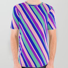 [ Thumbnail: Dark Violet, Aquamarine, Blue & Pink Colored Lines Pattern All Over Graphic Tee ]