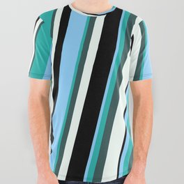 [ Thumbnail: Light Sky Blue, Light Sea Green, Dark Slate Gray, Mint Cream, and Black Colored Pattern of Stripes All Over Graphic Tee ]