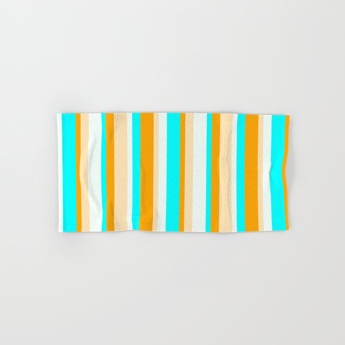 Orange, Beige, Mint Cream & Aqua Colored Striped/Lined Pattern Hand & Bath Towel
