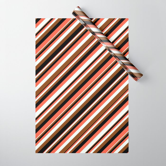 Red, Mint Cream, Brown, and Black Colored Striped/Lined Pattern Wrapping Paper