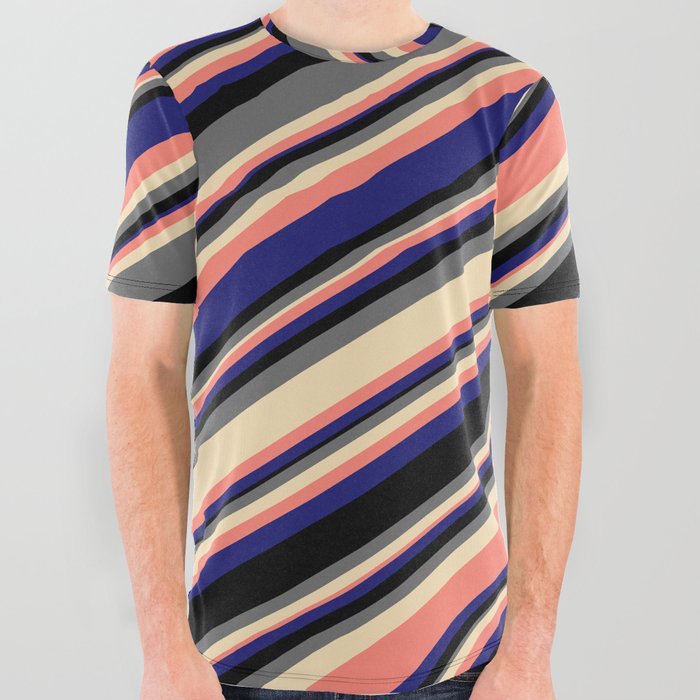 Vibrant Black, Dim Gray, Tan, Salmon & Midnight Blue Colored Stripes Pattern All Over Graphic Tee