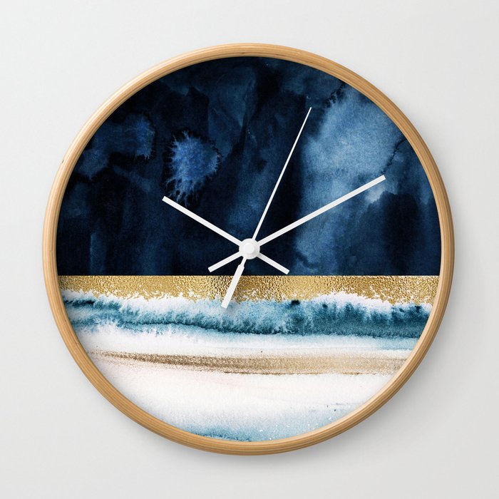 Navy Blue, Gold And White Abstract Watercolor Art Wall Clock