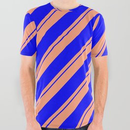 [ Thumbnail: Light Salmon and Blue Colored Stripes Pattern All Over Graphic Tee ]