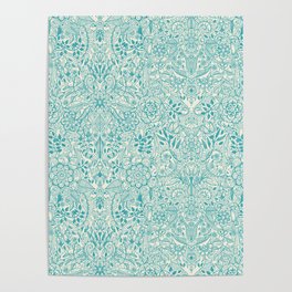 Detailed Floral Pattern in Teal and Cream Poster