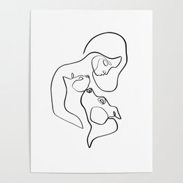 Cat and Dog with Woman, Minimalist Line Art in Black and White Poster