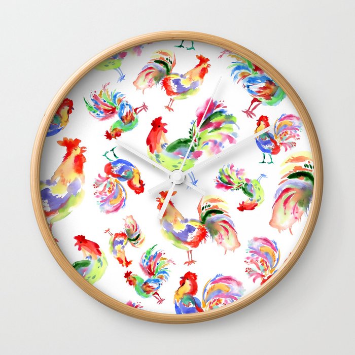 Watercolor handwork bright festive roosters. New year symbol. Beautiful seamless pattern with birds. Wall Clock