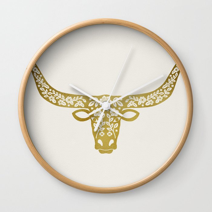 Floral Longhorn – Gold Metallic Silhouette Wall Clock