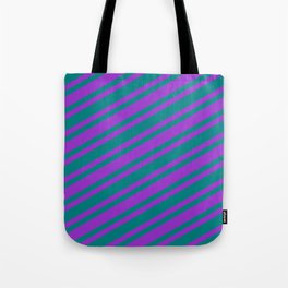 [ Thumbnail: Dark Orchid & Teal Colored Stripes/Lines Pattern Tote Bag ]