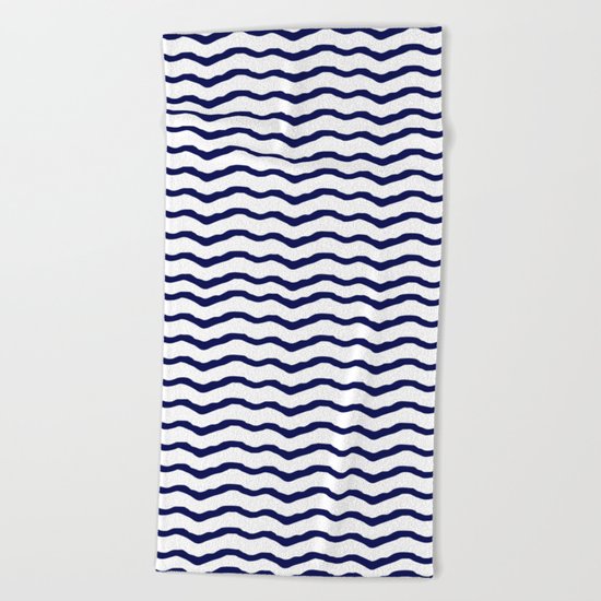 Maritime pattern- dark blue waves lines ond white backround Beach Towel