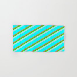[ Thumbnail: Red, Lime, Powder Blue & Cyan Colored Lined/Striped Pattern Hand & Bath Towel ]