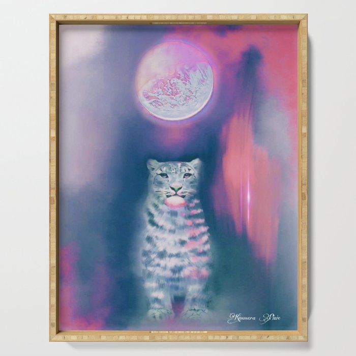 Snow Leopard Spirit in pink glow by kimmera pixie Serving Tray