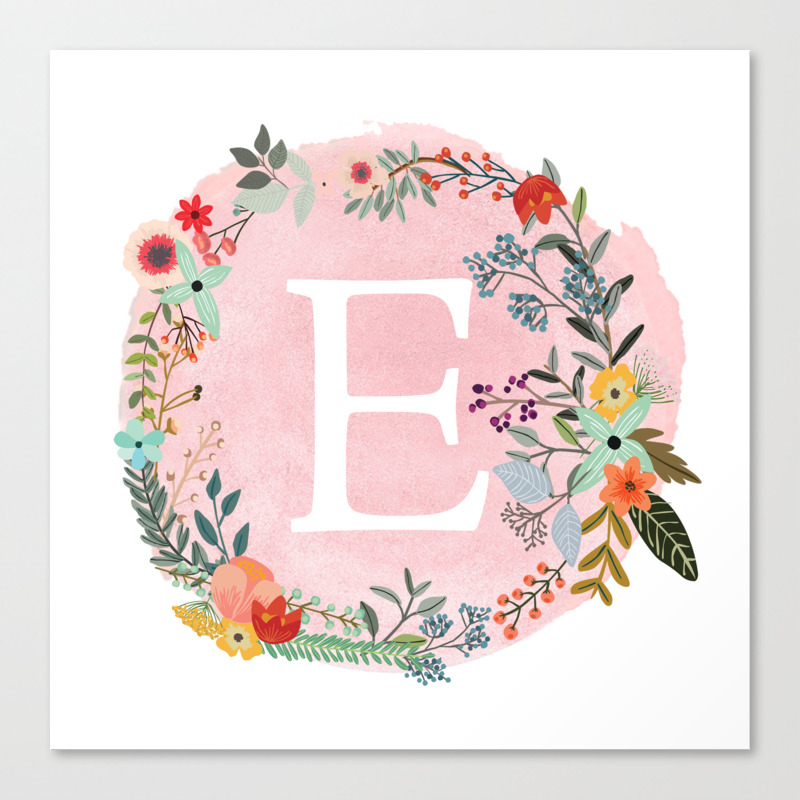 Flower Wreath with Personalized Monogram Initial Letter E on Pink  Watercolor Paper Texture Artwork Canvas Print