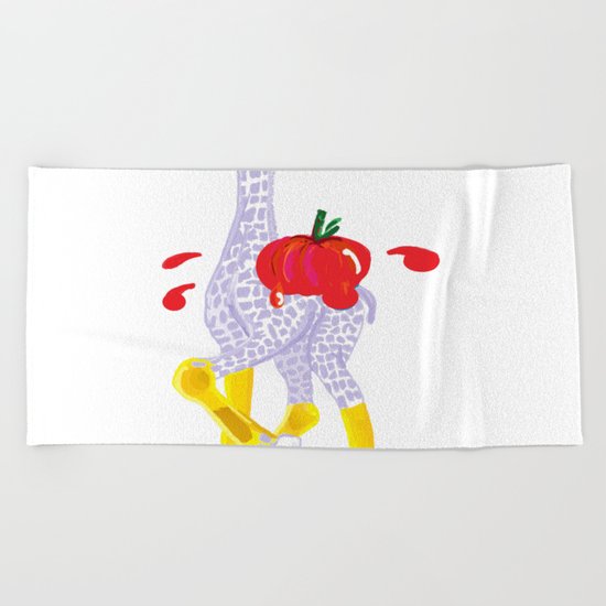 Thanksgiving Food Fight Tomatoe - Midas is Ready - Christmas Lavender Giraffe Beach Towel