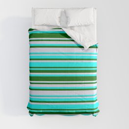 [ Thumbnail: Cyan, Dark Green & Lavender Colored Lined/Striped Pattern Comforter ]